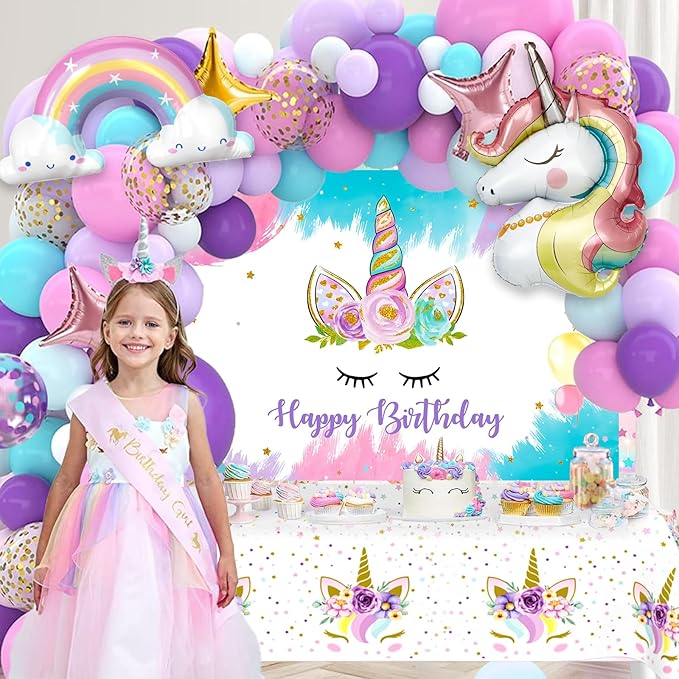 Unicorn Birthday Decorations Party Supplies for Girls, Purple Unicorn Balloon Arch with Backdrop Tablecloth Rainbow Star Foil Balloons, Princess Girls Unicorns Party Decorations Supplie