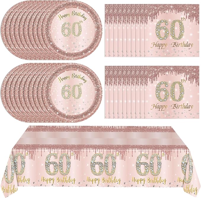 41Pcs 60th Birthday Decorations - Rose Gold Party Supplies Include Plates, Napkins and Tablecloth for Sweet Sixty Celebration