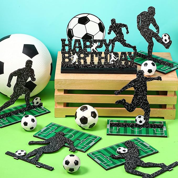 Geetery 7 Pcs Soccer Table Top Decorations Centerpieces Soccer Ball Happy Birthday Wooden Signs Player Silhouette Detachable Gifts for Football Fans Club Sports Theme Party Supplies