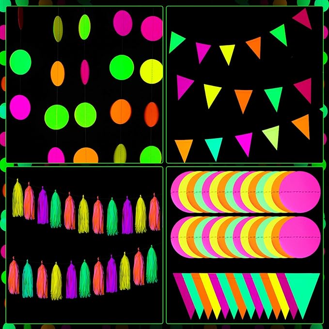 88 Pcs Glow Neon Party Supplies Including Neon Paper Garland 20 Pieces Paper Tassels Garland and Triangle Flags Bunting for Birthday Wedding Black Light Reactive UV Glow Party Decorations