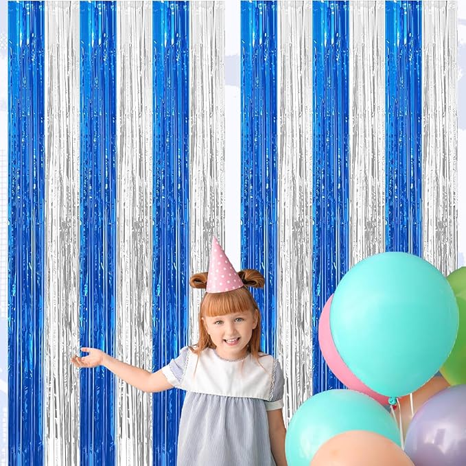 4 Pack Blue and Silver Foil Fringe Curtains Photo Booth Prop Tinsel Streamer Backdrops, Birthday Party Supplies Xmas Holiday Graduation Party Decorations Decor, 3.3x6.6 ft