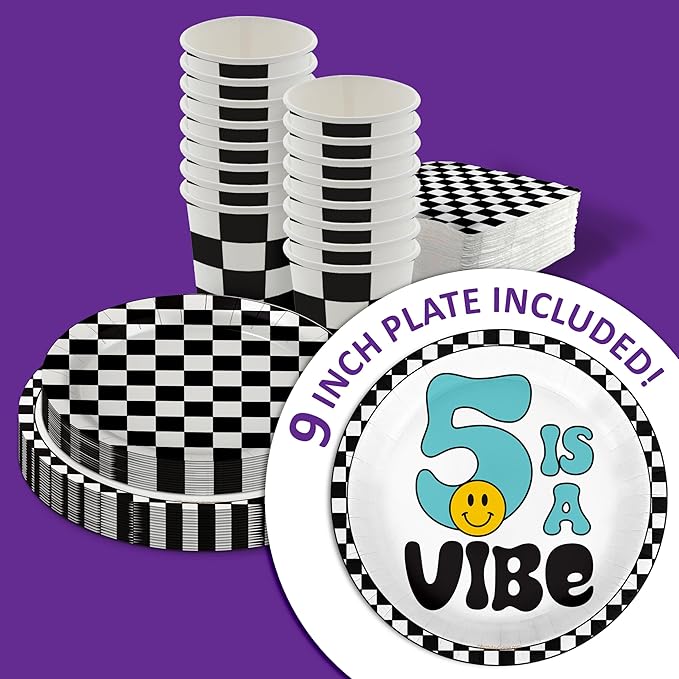 Birthday Galore Five is a Vibe Smiley Face Theme Supplies – 64 Pieces Tableware Set with Plates, Napkins, & Cups – A Quick, Easy Setup for a Bright, Cheerful 5th Birthday Bash Celebration – Kit for 16