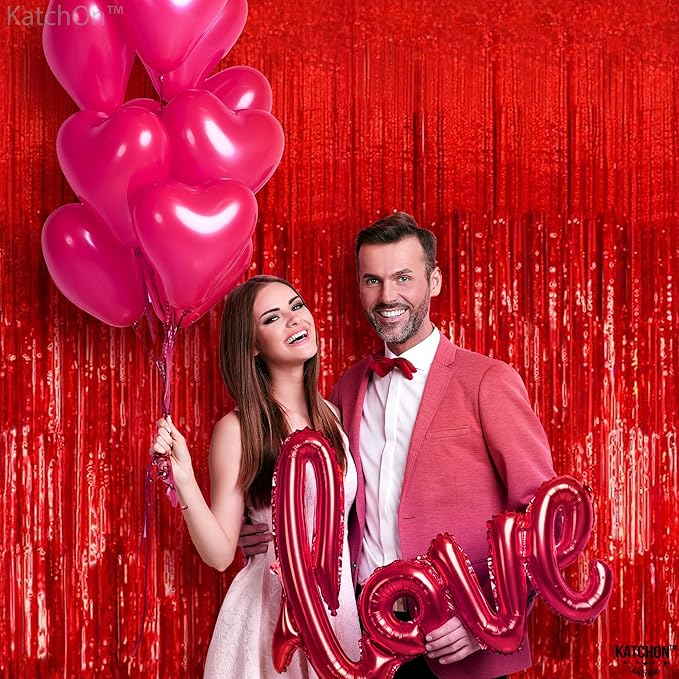 KatchOn, XtraLarge Red Streamers Backdrop - 3.2x8 Feet, Pack of 2 | Red Fringe Backdrop for Valentines Day Decorations | Foil Fringe for Birthday, Carnival, Casino Theme Party Decoration