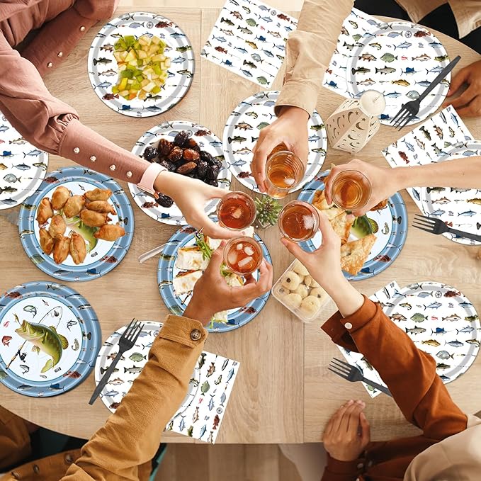 Rakuto Gone Fishing Party Plates, 96PCS Fishing Birthday Party Decorations Supplies, Fish Themed Paper Plates and Napkins Forks Disposable Tableware Supplies(24 Guests)