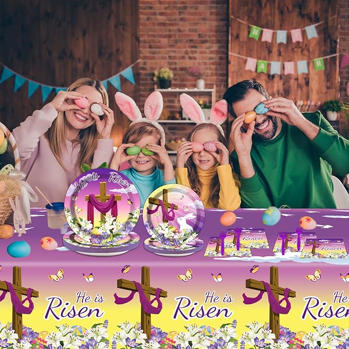 98 Pieces He is Risen Easter Party Decorations Easter He is Risen Tableware Set Religious Plates Napkins Tablecloth Christian Holiday Party Supplies Kit Tablecover Dinnerware Spring Favor
