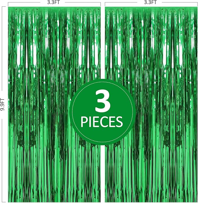 3 Pack 3.3 x 9.9 ft Green Foil Fringe Curtains Party Supplies | Tinsel Curtain Backdrop for Parties, Glitter Streamers Backdrop for Birthday/Photo Booth Backdrops