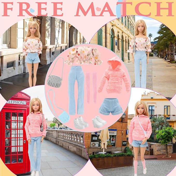15 PCS Doll Clothes & Accessories Includes 5 Stylish Doll Outfit, Hooded Wear, Dress, Jacket, Casual Clothing with 5 Pairs of Shoes 5 Accessories for 11.5 Inch Girl Dolls Fashion Set
