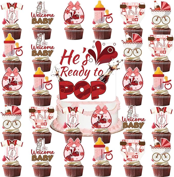 37Pcs She‘s Ready to Pop Cupcake Toppers,She's Ready to Pop Baby Shower Party Supplies for Pop Baby Shower Themed Cupcake Soda Bottle to Pop Baby Shower Kids Birthday Party Cake Decorations Supplies