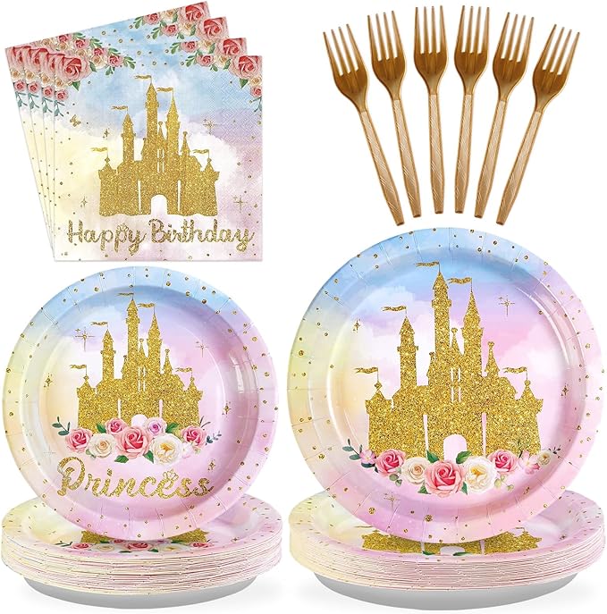 Grencian 96Pcs Princess Birthday Party Supplies Princess Birthday Plates and Napkins Tableware Sets Watercolor Pastel Rainbow Castle Decorations for Girls Baby Shower Fairytale Party Favors Serves 24