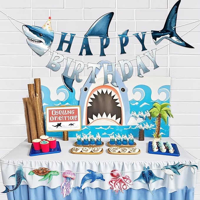 Hooqict Ocean Birthday Party Decorations Shark Happy Birthday Banner Garland Sea Ocean Party Banner for Kids Boys Under The Sea Animal Themed Party Decorations