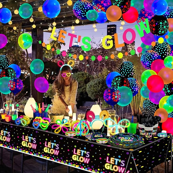 458 Pcs Glow Party Supplies - Include Balloons, Banner, Glow Sticks, Tableware and Tablecloths for Neon Party Decorations, Serves 20