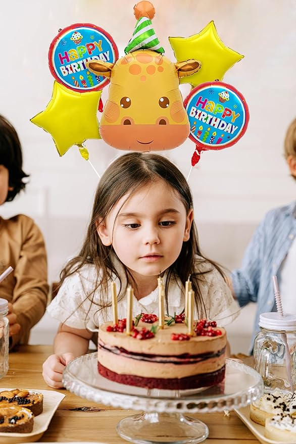 3D Giraffe Foil Animal Balloons Set,Kids Happy Birthday Party Decoration, Circle Star-Shaped Balloon,Jungle Themed Woodland Safari Animal Balloons 5Pcs