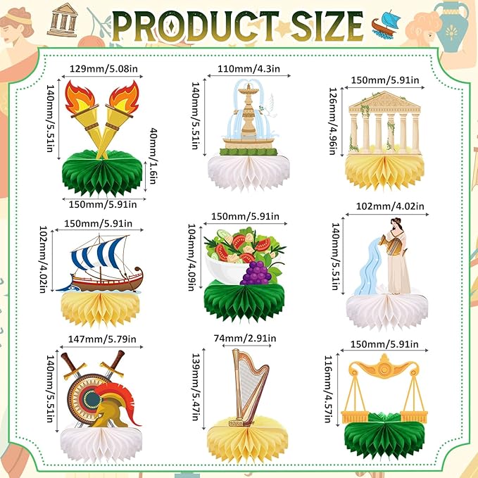 Funrous 9 Pcs Greek Decoration Greece Honeycomb Centerpieces Ancient Greece Themed Party Decorations Greek Mythology Party Favors Cutout Craft for Birthday Decor Ancient Roman Activities Supplies