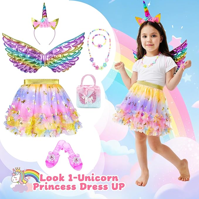 Princess Dress Up Unicorn & Fairy Costume for Girls, Toddler Tutu Set with Wings, Shoes, Jewelry, Headband, Pretend Play Fairy Toys for Girls Ages 3 4 5 Christmas Birthday Gift Rainbow