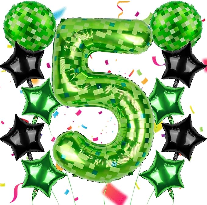 40 Inch Green Pixel Themed Number 5 Balloon Set Foil Balloon for Girls & Boys Birthday Party Decorations, Party Supplies & Favors (Number 5)