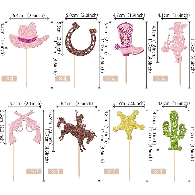 32 PCS Cowgirl Cupcake Toppers Glitter HorseShoe Cactus Star Gun Cupcake Picks Cowgirl Hats Boots Cupcake Decorations for Western Theme Baby Shower Girls Birthday Party Cake Decorations Supplies