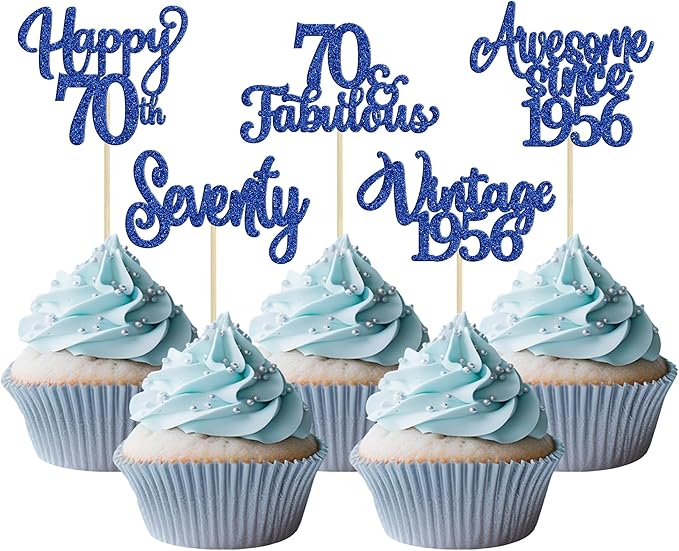 Ephlyn 30Pcs Happy 70th Birthday Cupcake Toppers Glitter Seventy Vintage 1956 Cupcake Picks Cheers to 70 Fabulous Cake Decorations for 70th Birthday Wedding Anniversary Party Supplies Dark Blue