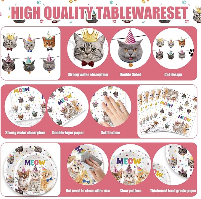 122Pcs Cat Themed Party Supplies for Birthday Party Pet Party Cat Bairthday Decorations Inculde Plates Desserts Plates Napkins Knives Forks Spoons Tablecover Banner Serve 20