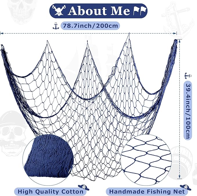Shappy 2 Pcs Fish Net Decorative 80 x 40 Inch, Wall Hanging Fishnet for Mermaid, Pirate, Nautical, Under the Sea Party Decoration Ocean Themed Hawaii Beach Birthday Halloween Party Supplies(Dark Blue)