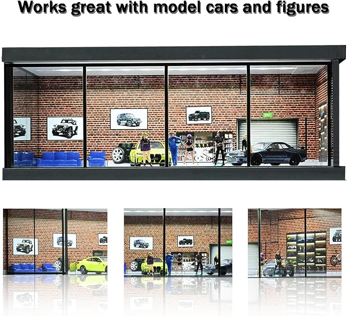 1/64 Diorama Garage Model, LED Lighting City Showroom, 1/64 Scale Diecast Car Parking Lot Storage, Scene Display Case Collection Gift (Red Brick)