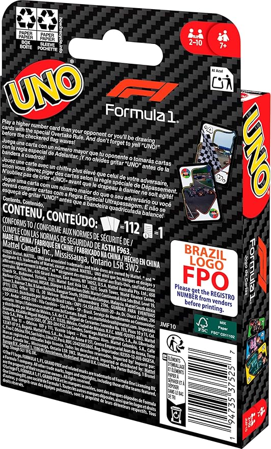 Mattel Games UNO F1 Card Game for Kids, Families, Travel & Camping, Deck Features Images from The World of Formula 1 Racing