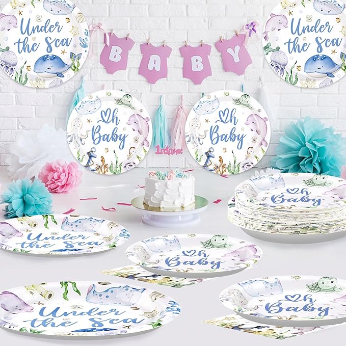 96Pcs Under The Sea Baby Shower Decorations Ocean Theme Party Plates and Napkins Disposable Sea Life Tableware Set Under The Sea Party Supplies for Birthday Baby Shower Underwater World Party Serve 24