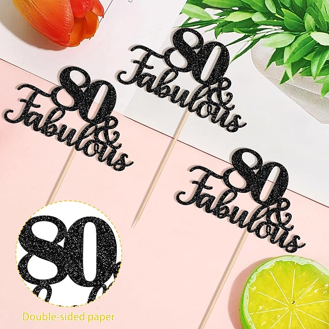 12 PCS 80 and Fabulous Centerpiece Sticks Double Sided Happy 80th Birthday Table Flower Centerpieces Sticks Cheers to 80 Floral Decorations for 80th Birthday Anniversary Party Supplies Black