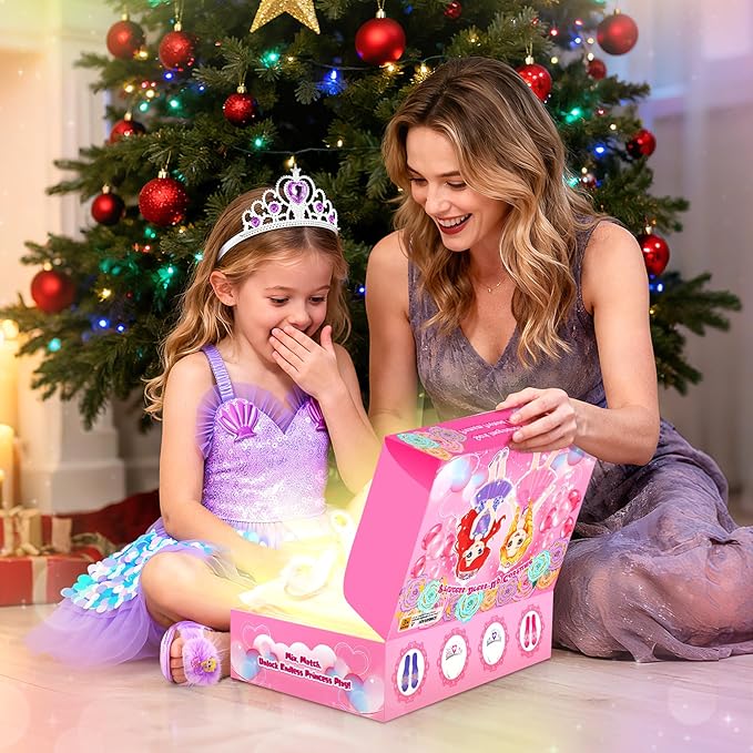 Princess Dress Up CLothes with Princess Shoes, Kids' Dress Up & Pretend Play Costumes for Little Girls, Mermaid & Unicorn Dress Up Toys Set for Toddlers, Christmas Birthday Gifts for 3-6 Role Play