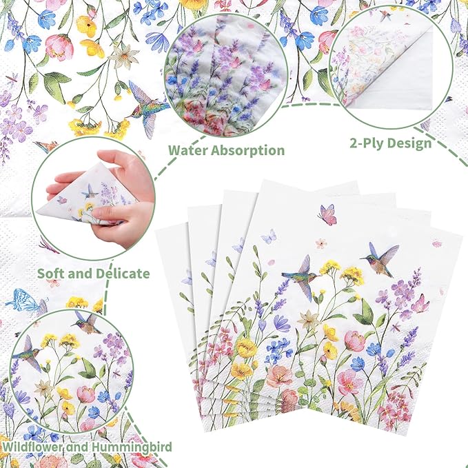100 Pcs Wildflower Napkins, 2-Ply Floral Cocktail Napkins Spring Decoupage Napkin Butterfly Hummingbird Flower Dessert Beverage Napkin for Easter Baby Shower, Tea Party