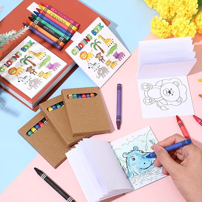 30 Sets 24 Pages Zoo Animals Mini Coloring Books with 8 Colors Crayons Bulk, Jungle Safari Coloring Books Party Favors Goodie Bag Gift Stuffer Gift Activities DIY Craft
