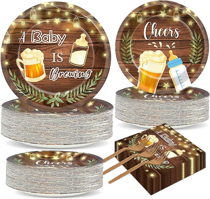 50 Guests A Baby is Brewing Baby Shower Plates and Napkins Party Supplies Baby is Brewing Party Decorations Disposable Tableware Set Brew Dinnerware Favors Decorations for Kids Boys Girls, 200PCS