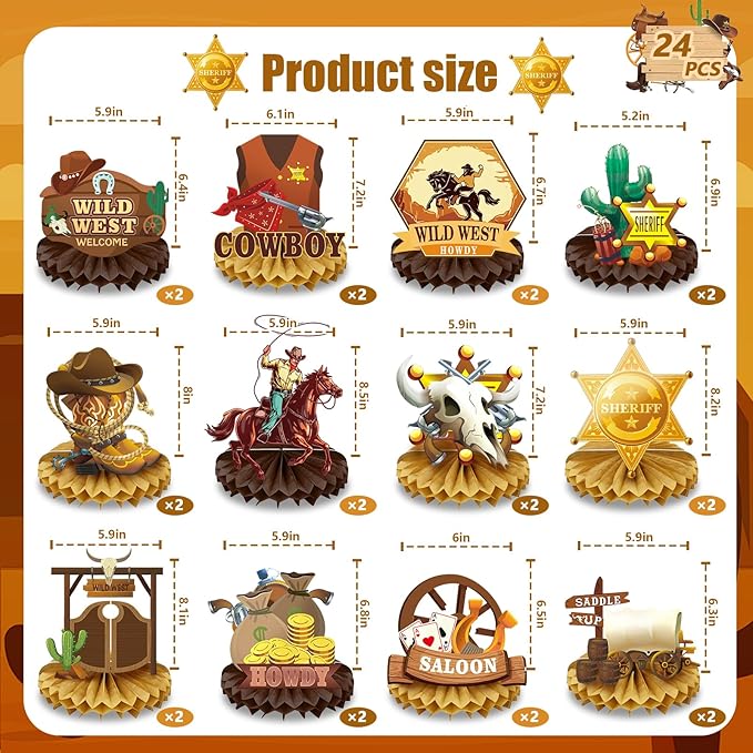 24 Pcs Wild West Party Decorations, Western Cowboy Happy Birthday Decorations, Cowboy Table Honeycomb Centerpieces Decor Table for Party Supplies for Women Men The West Cow Boys Girls Cowgirl Rodeo