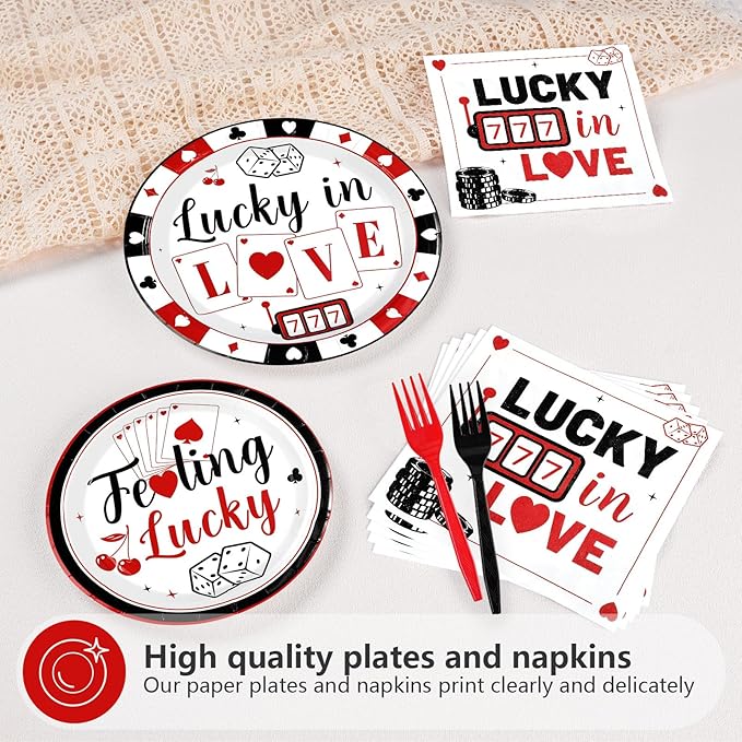 96 Pcs Casino Party Decorations Lucky In Love Plates and Napkins Disposable Black White Red Poker Tableware Set for Las Vegas Night Poker Club Birthday Party Supplies Serves 24