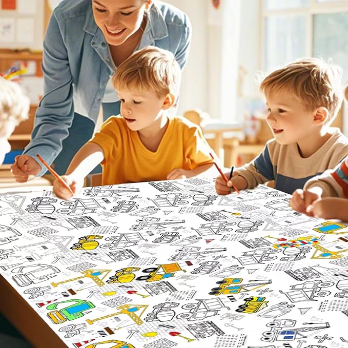 1 Pack Construction Coloring Table Cloth for Kids - Giant Construction Theme Color-in Paper Poster, Dump Truck Painting Activity Tablecloth for Construction Birthday Party Supplies Favors, 54 x 108 In