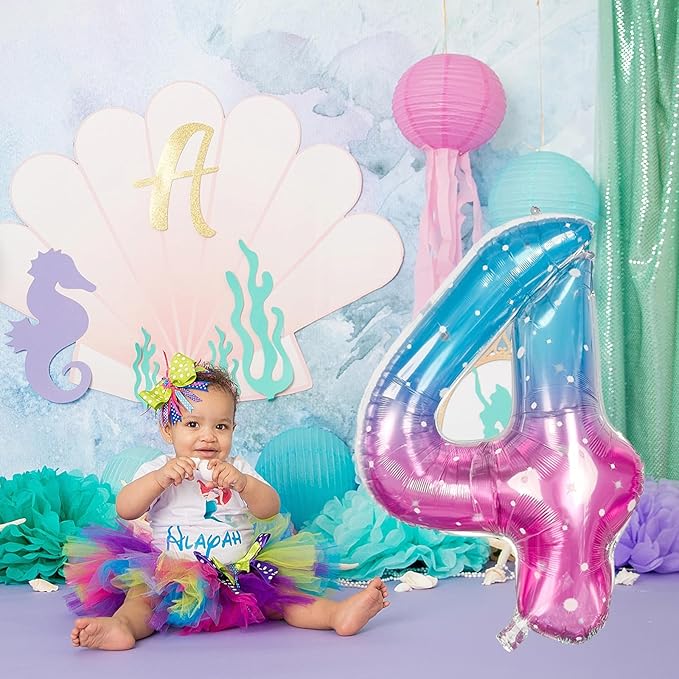 Purple Teal Number 4 Balloons, 40 In Large Mermaid Starry Number 4 Mylar Foil Helium Balloons for Girls, Self Inflating Rainbow Number Four Balloon for Women 4th Birthday Anniversary Party Decoration