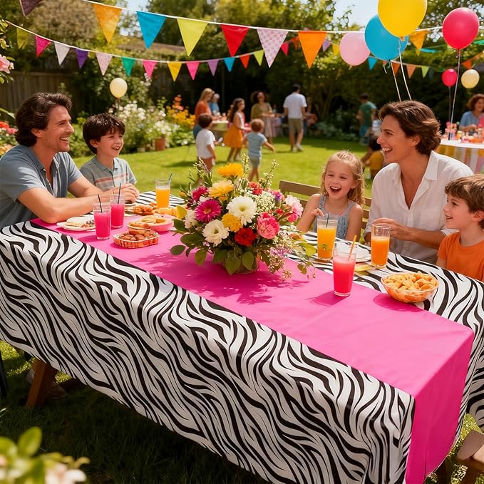 Buryeah 3 Pcs Zebra Tablecloth Zebra Print Plastic Table Cloth Disposable Tablecloth Animal Safari Table Cover 54 x 108'' for Baby Shower Wedding Birthday Party Decorations Supplies (Hot Pink B)