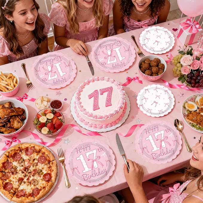 96Pcs Pink Bow Party Supplies Coquette 17th Birthday Party Plates and Napkins Disposable Bow Themed Tableware Set for Girl Happy 17th Birthday Baby Shower Decorations, Serves 24