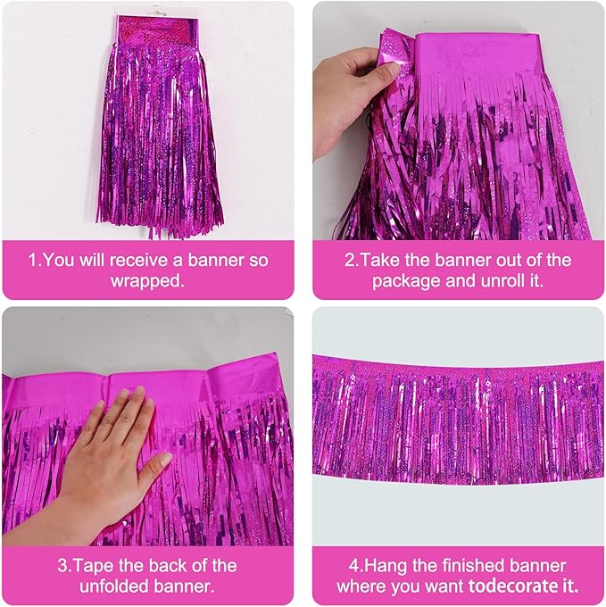 BEISHIDA 3 Packs Metallic Foil Fringe Garland Laser Rose Red Wall Hanging Tinsel Fringe Banners for Car Floats Bridal Shower Wedding Birthday Valentine's Day Anniversary Party Decoration(30 Feet)
