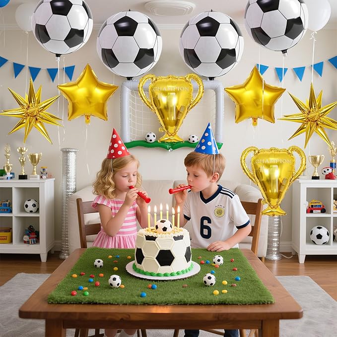 10 Pcs 4D Sphere Soccer Balloons Set with Golden Championship Trophy & Star Burst Balloon - Soccer Party Decorations for World Cup Parties, Sports Theme Birthday, Football Fans Party Decoration Supply