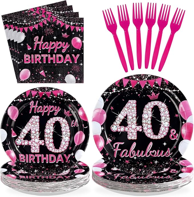 96Pcs 40th Birthday Party Supplies Black and Hot Pink Plates Forks and Napkins Diamond Sweet Theme Disposable Paper Tableware Set for Women 40 Year Old Birthday Party Supplies Serves 24