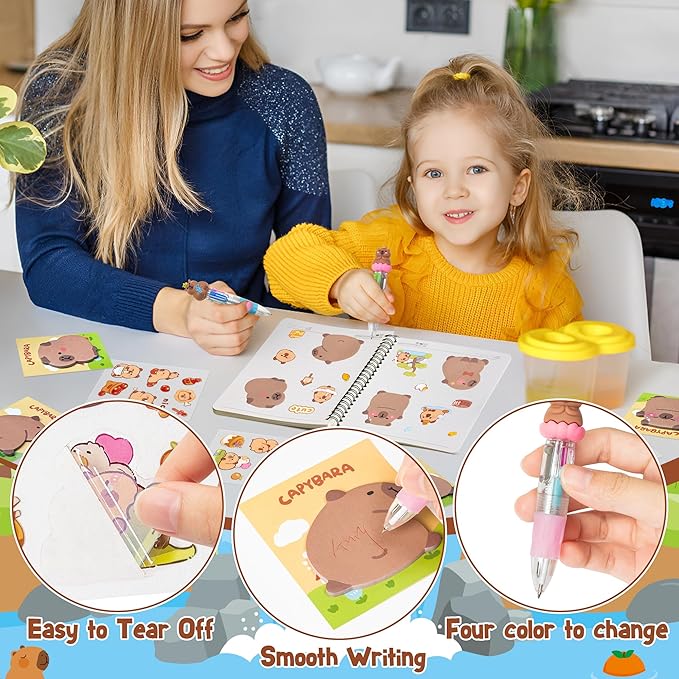 CY2SIDE Capybara Stationery Party Gift - 12 Pack Birthday Gift Set with Fun Animal 4-in-1 Ballpoint Pen Sticky Note Sticker and Organza Capybara Party Favor Goodie Bag Fillers for School Rewards