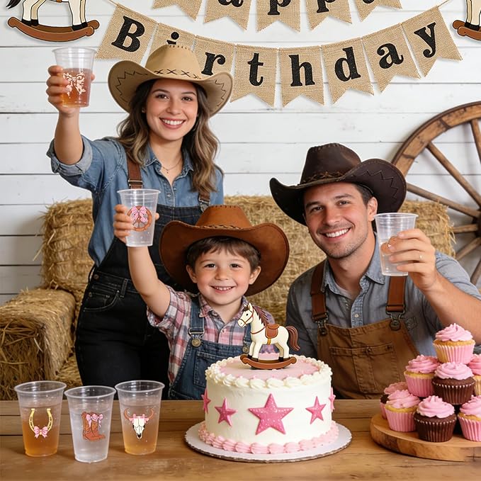 50 Pcs 12oz Western Cowgirl Party Decorations Clear Plastic Cups - Western Birthday Party Supplies for Cowgirl Theme Party