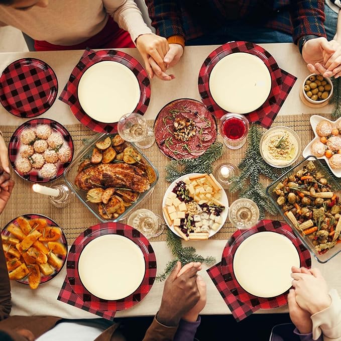 96PCS Red and Black Buffalo Plaid Party Supplies Buffalo Plaid Party Plates and Napkins Disposable Christmas Red Black Gingham Tableware for Christmas Birthday Lumberjack Party Decorations Serves 24