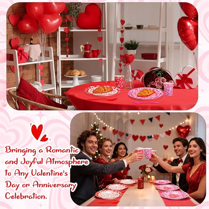 450 Pcs Valentines Tableware Set Decorations, Heart Love Design Paper Plates Napkins Cups Cutlery Straws for Kids Classroom Valentine's Day Galentines Day Party Supplies, Serves 50