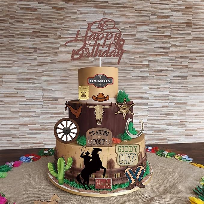 31 Pcs Cowboy Cake Toppers Glitter Cowboy Hat Cake Decorations Western Theme Happy Birthday Party Decoration for Boys Girls, Western Birthday Sign Decor Party Decor Party Supplies