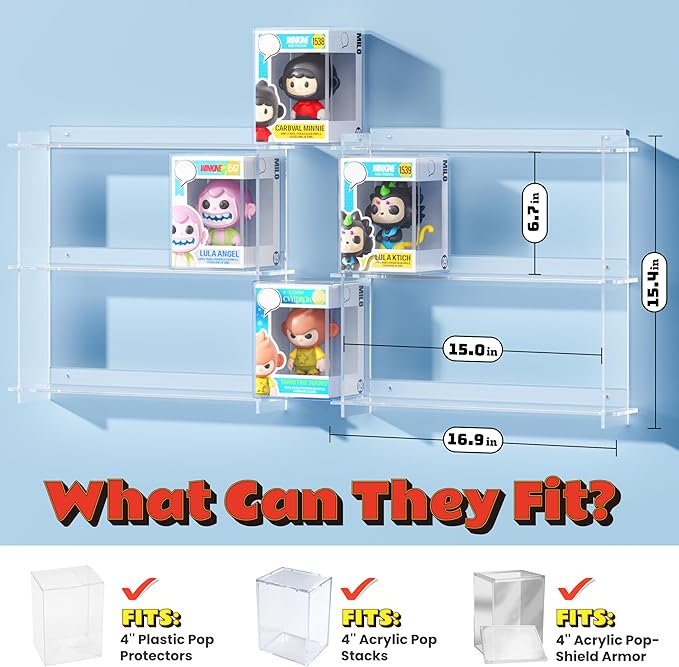WINKINE Floating Display Shelves Compatible with 21 Funko Pop in Box, Acrylic Shelves for Wall, Clear Figures Display Case for Boxed Characters, Stackable Toy Collectibles Figure Stand, 2 Pack(Clear)