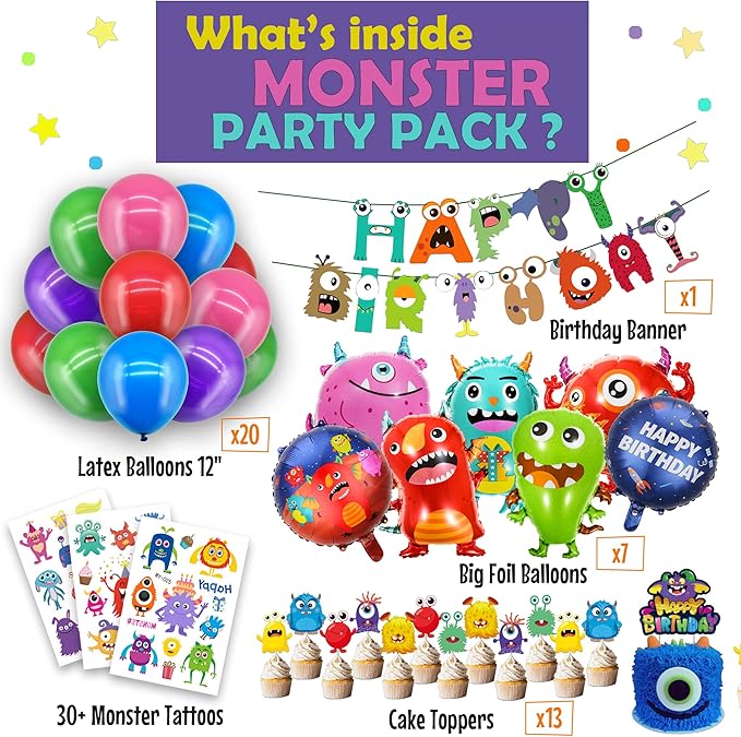 Monster Birthday Party Supplies and Decorations - Balloons, Cupcake & Cake Toppers, Banner, Tattoos