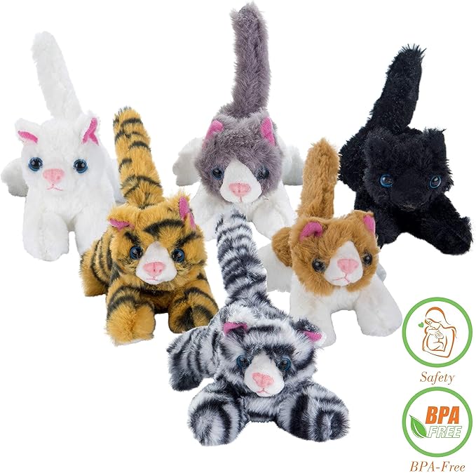 PASSIONFRUIT Plush Stuffed Toy Cat Set – Set of 6 Stuffed Toys for Kids – 6 Inches Long – Bright & Vibrant Colors – Soft Toy Set for Boys & Girls