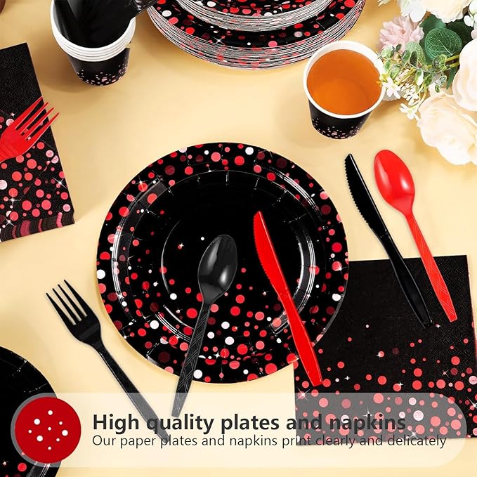 Grencian 168Pcs Black and Red Party Decorations Red Dot on Black Plates Napkins Cups Forks Knives Spoons Disposable Paper Tableware for Birthday Wedding Party Supplies, Serves 24