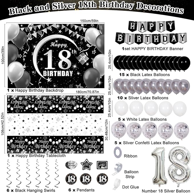 18th Birthday Decorations for Boys, Black White Happy 18th Birthday Decorations for Boy, 18 Year Old Birthday Decor with 18th Bday Banner Balloons Tablecloth Backdrop, 18 Years Party Supplies for Boys